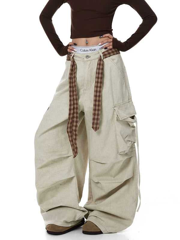 Plaid Belt Layered Wide Leg Cargo Pants 2