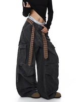 Plaid Belt Layered Wide Leg Cargo Pants 3