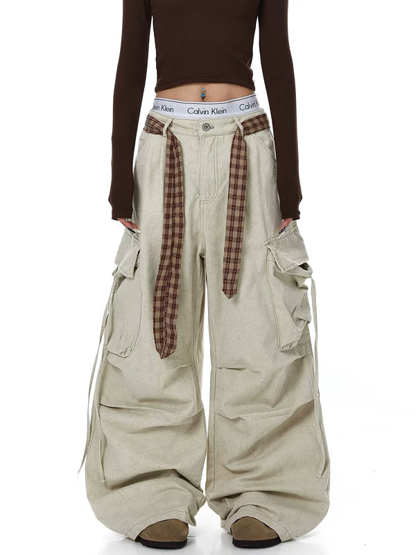 Plaid Belt Layered Wide Leg Cargo Pants 4