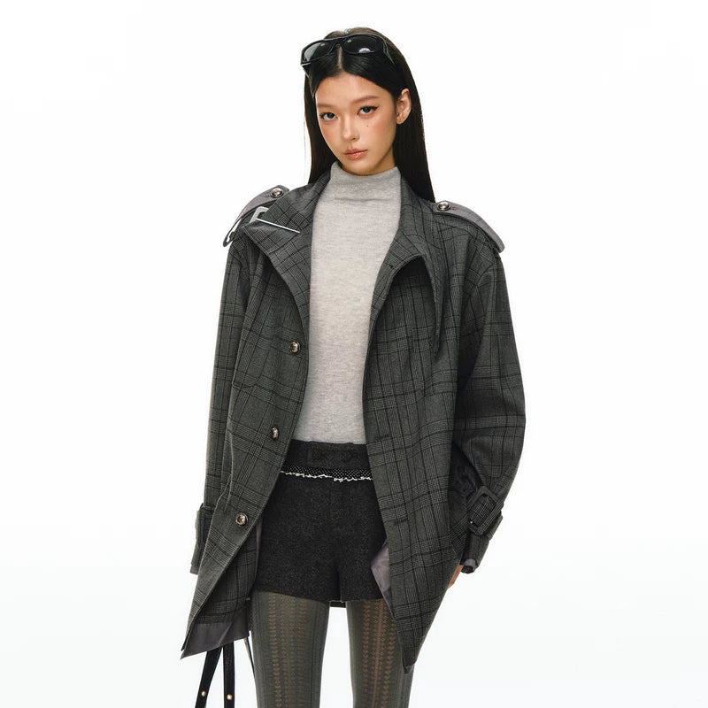Plaid Button-Up Trench Coat with Epaulettes 2