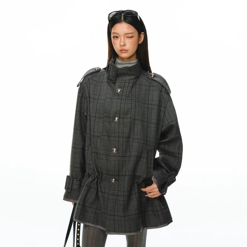 Plaid Button-Up Trench Coat with Epaulettes 4