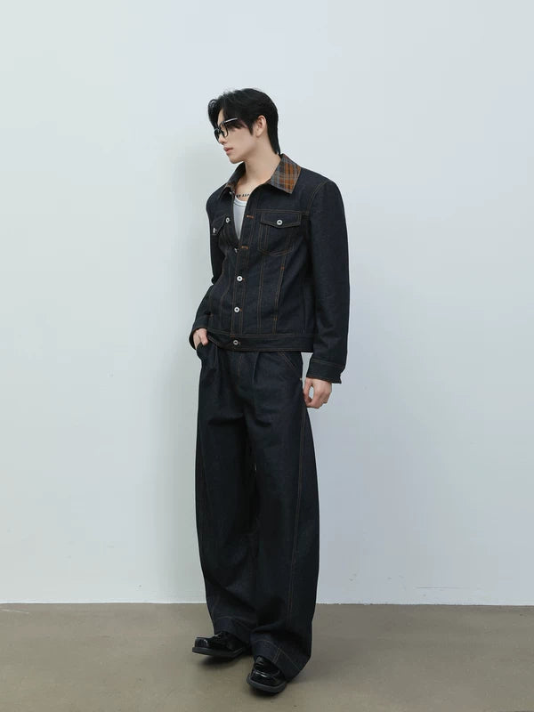 Plaid Collar Denim Jacket and Wide Pants 5