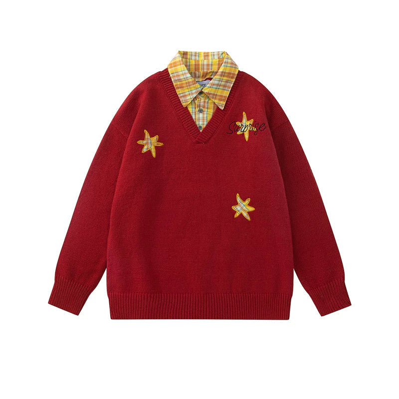 5939564281583,5939564281584,5939564281585,5939564281586, Plaid Collar Embroidered Faux Layered Sweater