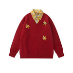 5939564281583,5939564281584,5939564281585,5939564281586, Plaid Collar Embroidered Faux Layered Sweater
