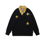 5939564281587,5939564281588,5939564281589,5939564281590, Plaid Collar Embroidered Faux Layered Sweater