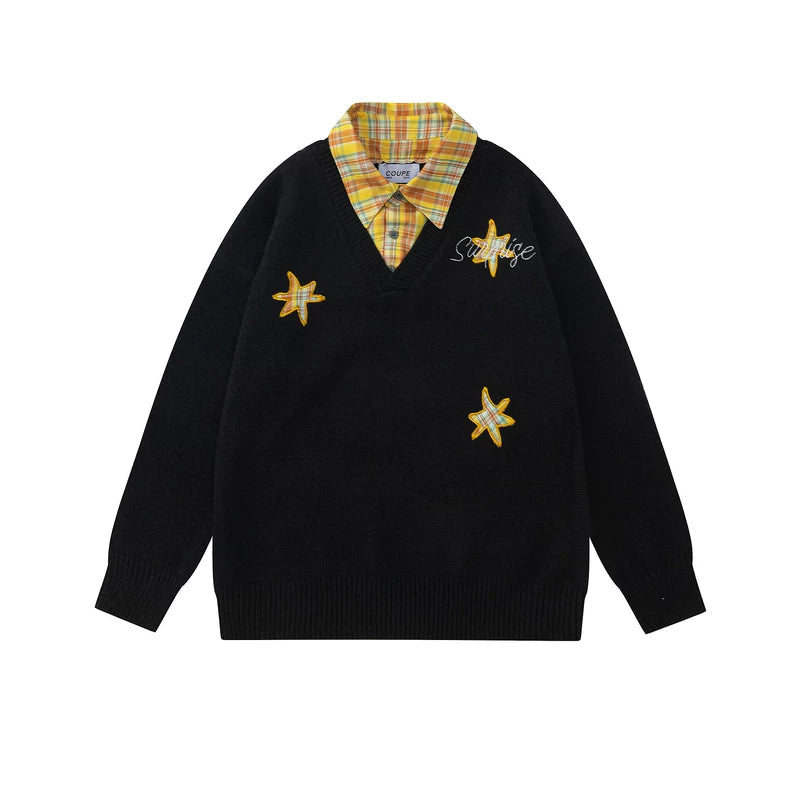 5939564281587,5939564281588,5939564281589,5939564281590, Plaid Collar Embroidered Faux Layered Sweater