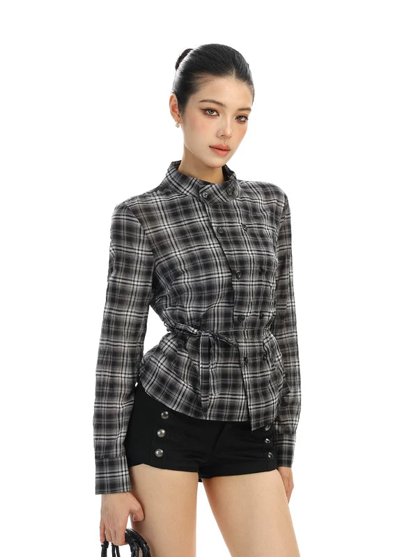 Plaid Double-Breasted Belted Long Sleeve Shirt 3