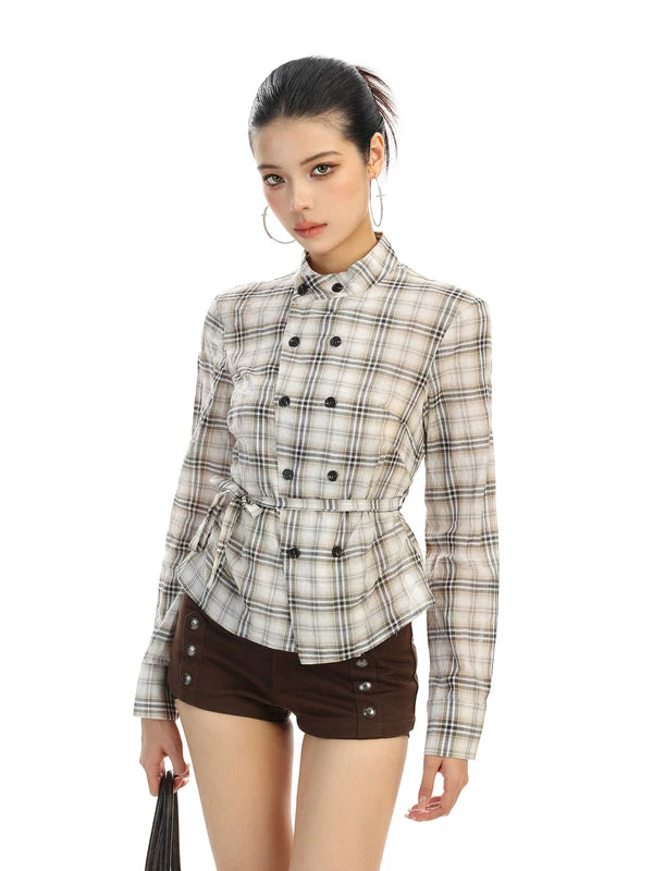 Plaid Double-Breasted Belted Long Sleeve Shirt 4