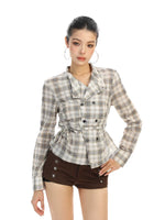 6195142851600,6195142851601,6195142851602, Plaid Double-Breasted Belted Long Sleeve Shirt