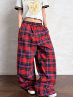 Plaid Elastic Waist Wide Leg Casual Pants 3