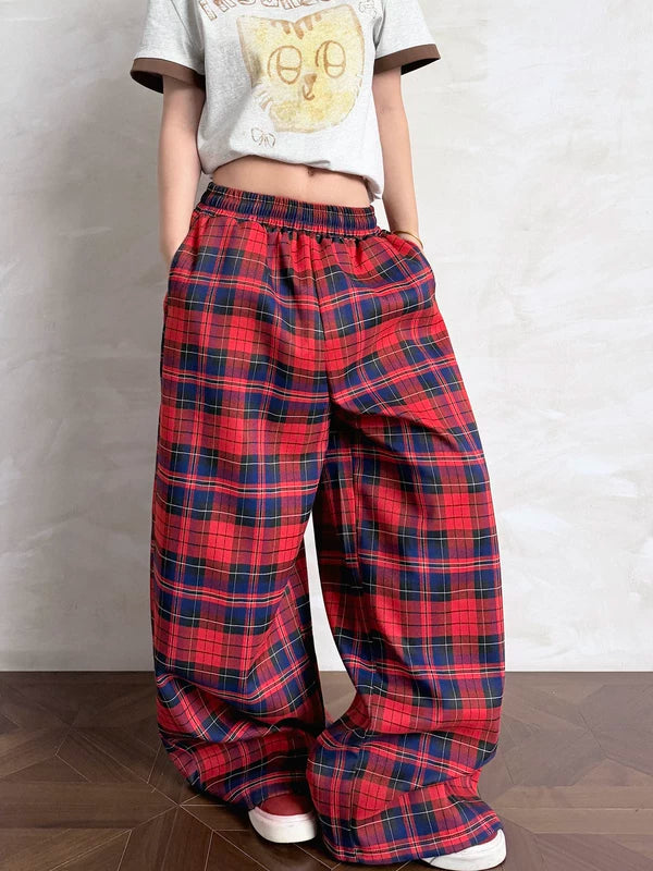 Plaid Elastic Waist Wide Leg Casual Pants 3