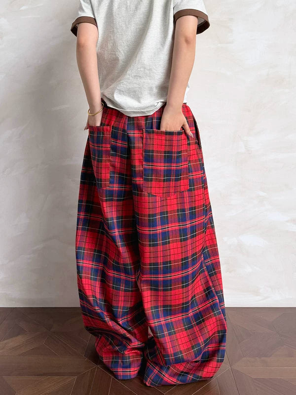 Plaid Elastic Waist Wide Leg Casual Pants 4