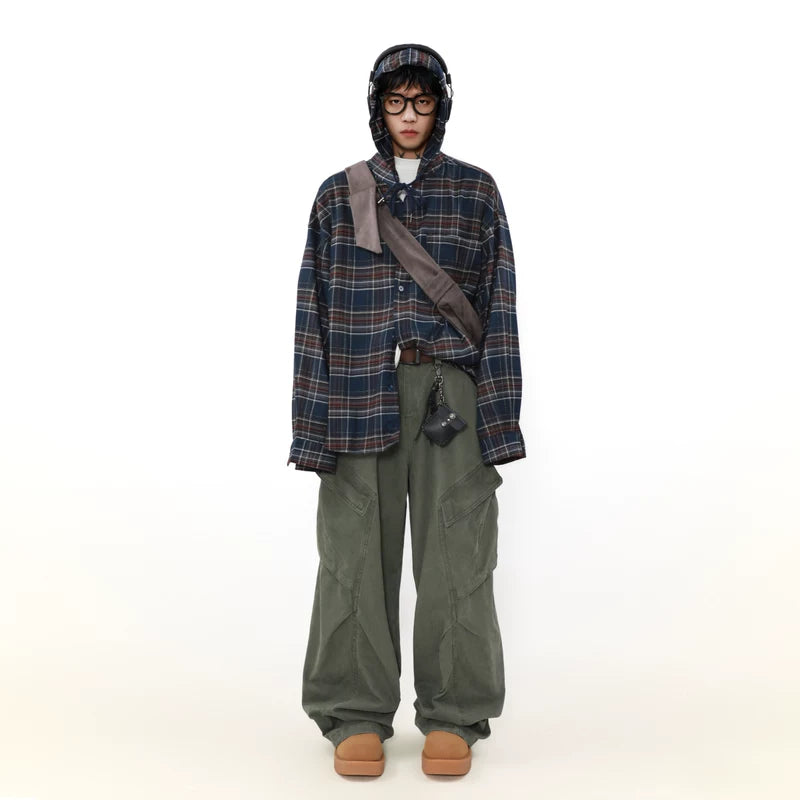 Plaid Hooded Button-Up Oversized Shirt 2