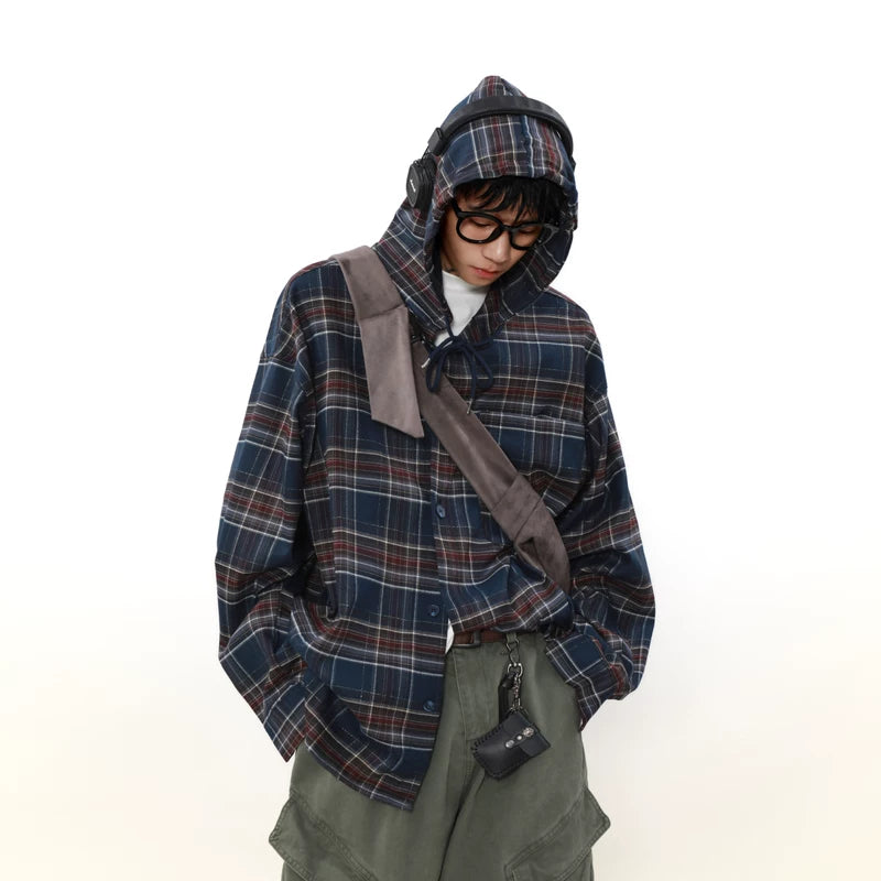 Plaid Hooded Button-Up Oversized Shirt 3