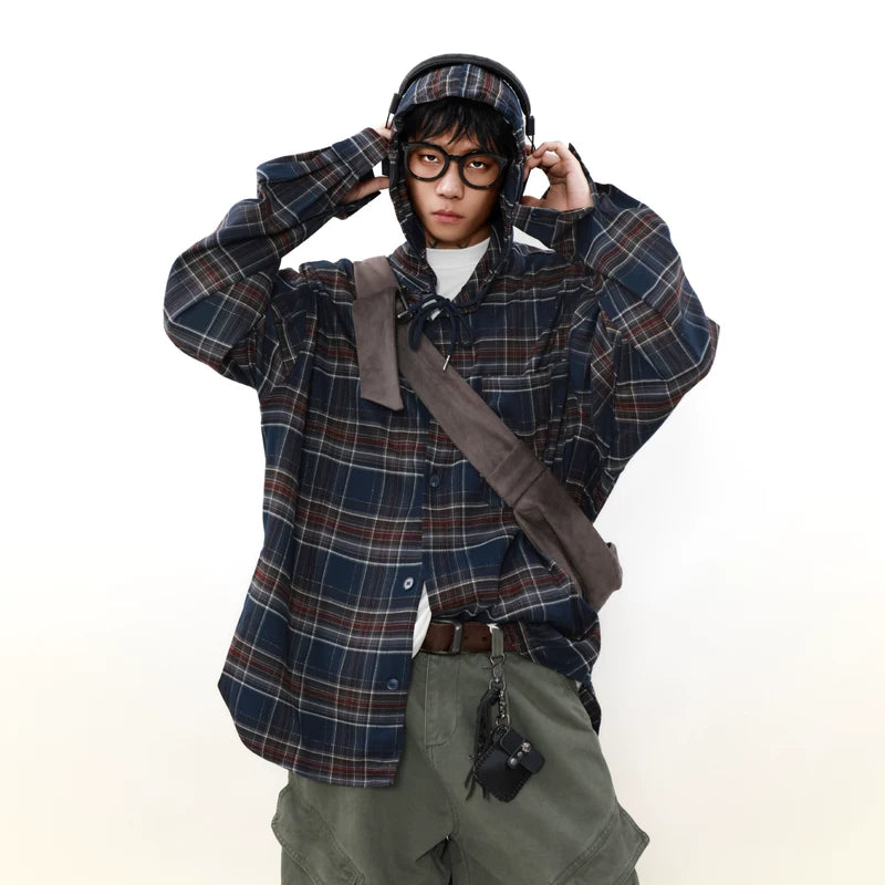 Plaid Hooded Button-Up Oversized Shirt 4