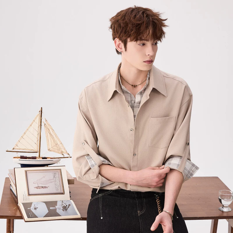 6202763579479,6202763579480,6202763579481,6202763579482, Plaid Layered Collar Long Sleeve Shirt