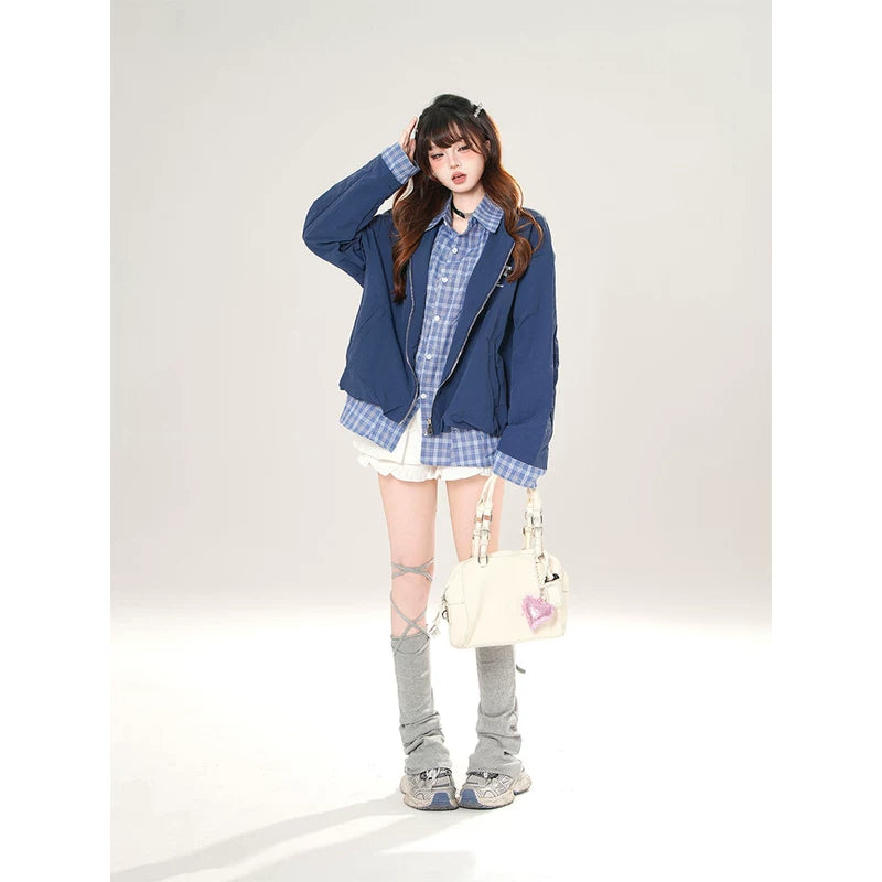 Plaid Layered Look Baseball Jacket 2