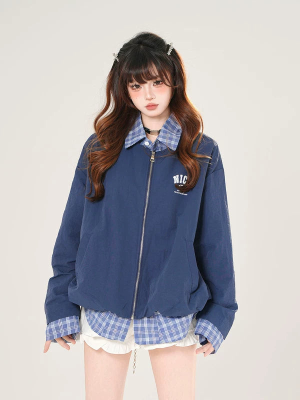 1627207:28338,6098750682534,1627207:28338,6098750682537,1627207:28338,6098750682535,6098750682534,6098750682537,6098750682535, Plaid Layered Look Baseball Jacket