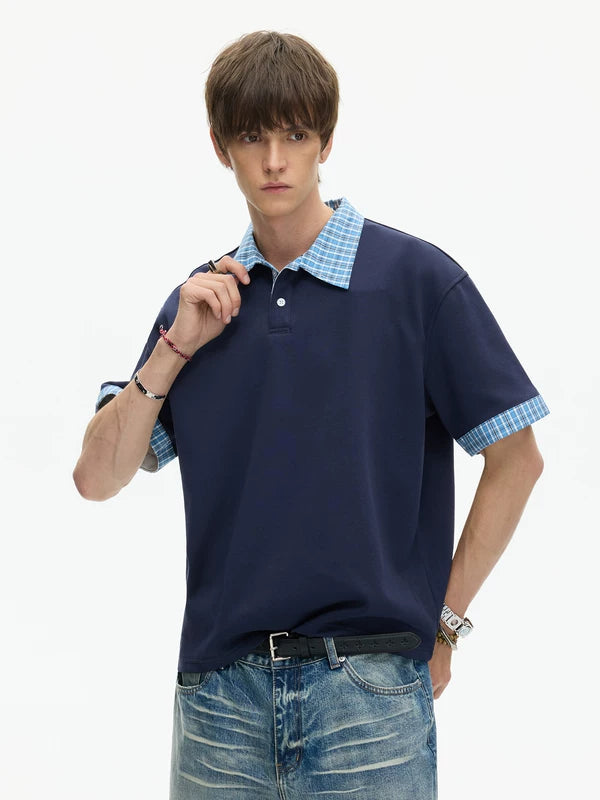 Plaid Patchwork Collar Short Sleeve Polo Shirt 2