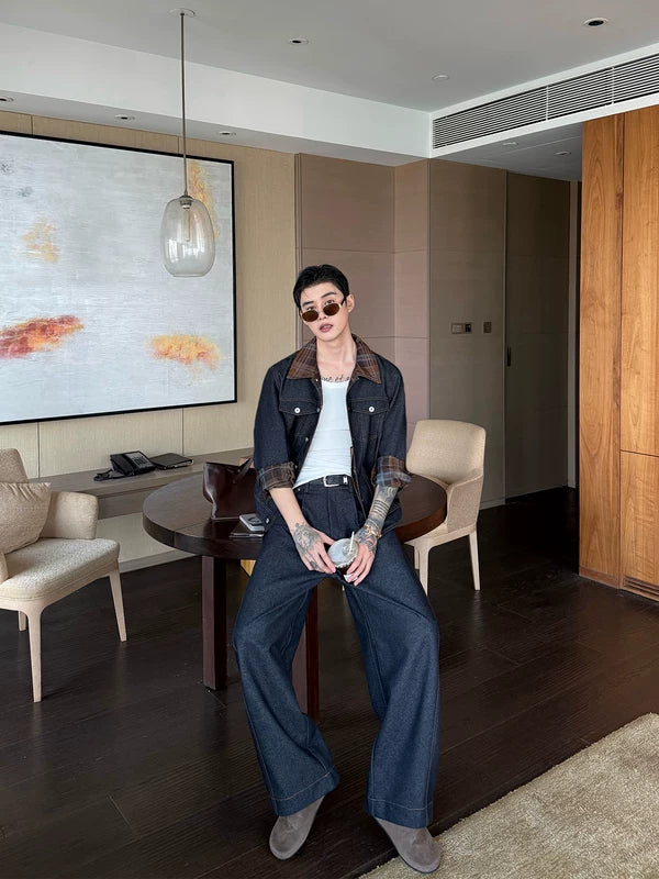 Plaid Patchwork Denim Jacket and Pants Set 3