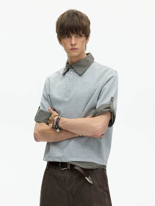 Plaid Patchwork Faux Layered Short Sleeve Shirt 5