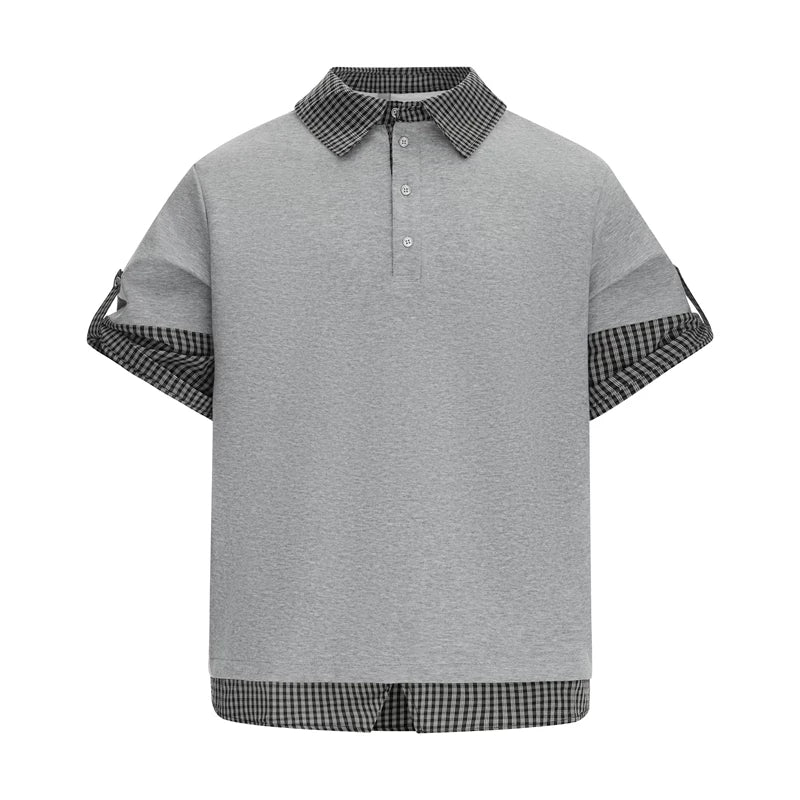 6038146936036,6038146936037,6038146936038,6038146936039, Plaid Patchwork Faux Layered Short Sleeve Shirt