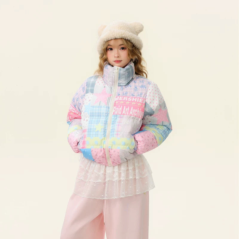 Plaid Patchwork Puffer Jacket with Stand Collar 2