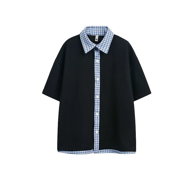 6023255988895,6023255988896,6023255988897,6023255988898,6023255988899, Plaid Patchwork Short Sleeve Casual Shirt