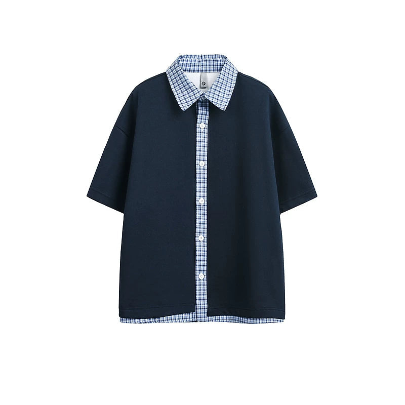 6023255988900,6023255988901,6023255988902,6023255988903,6023255988904, Plaid Patchwork Short Sleeve Casual Shirt