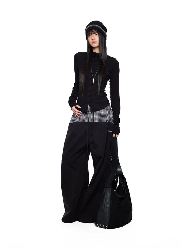 Plaid Patchwork Wide-Leg Drawstring Pants 5