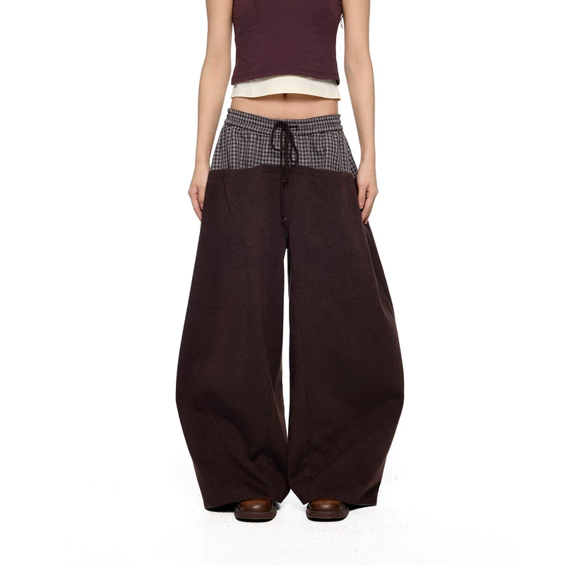 6184982651677,6184982651678,6184982651679, Plaid Patchwork Wide-Leg Drawstring Pants