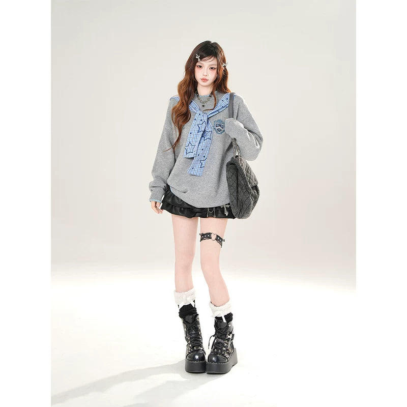 Plaid Sailor Collar Knit Sweater Top 4