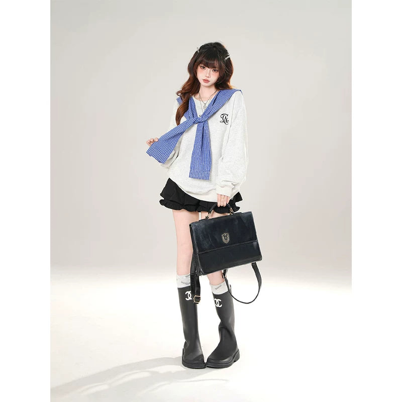 Plaid Scarf Detail Loose Pullover Sweatshirt 5