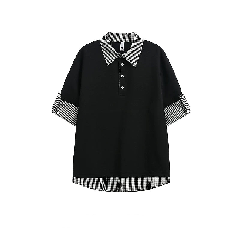 1627207:28341,6189270479939,1627207:28341,6189270479940,1627207:28341,6189270479941,1627207:28341,6189270479942,1627207:28341,6189270479943,6189270479939,6189270479940,6189270479941,6189270479942,6189270479943, Plaid Trim Faux Layered Polo T-Shirt