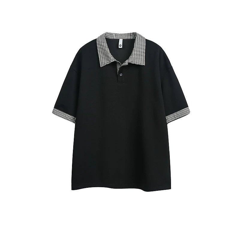 6189436158430,6189436158431,6189436158432,6189436158433, Plaid Trim Patchwork Short Sleeve Polo
