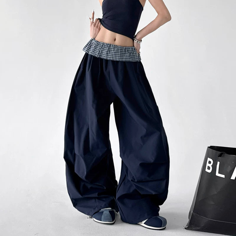 6028540688712,6028540688713,6028540688714,6028540688715, Plaid Waist Patchwork Wide Leg Casual Pants