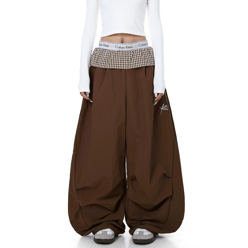 Plaid Waist Wide Leg Paratrooper Pants 2
