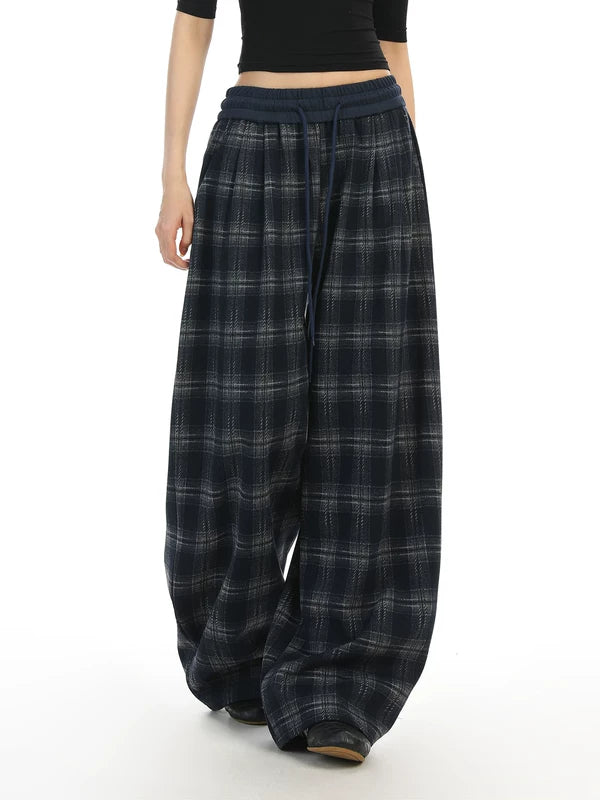 Plaid Wide Leg Elastic Waist Casual Pants 2
