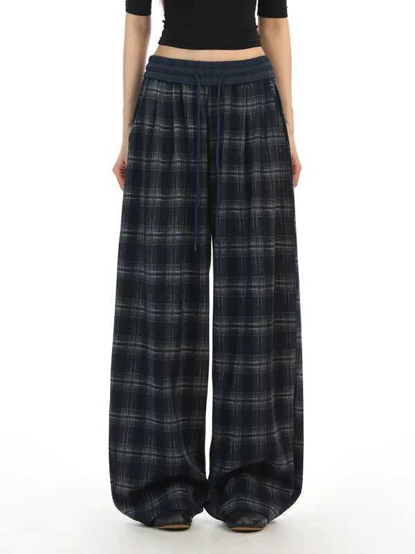 Plaid Wide Leg Elastic Waist Casual Pants 3