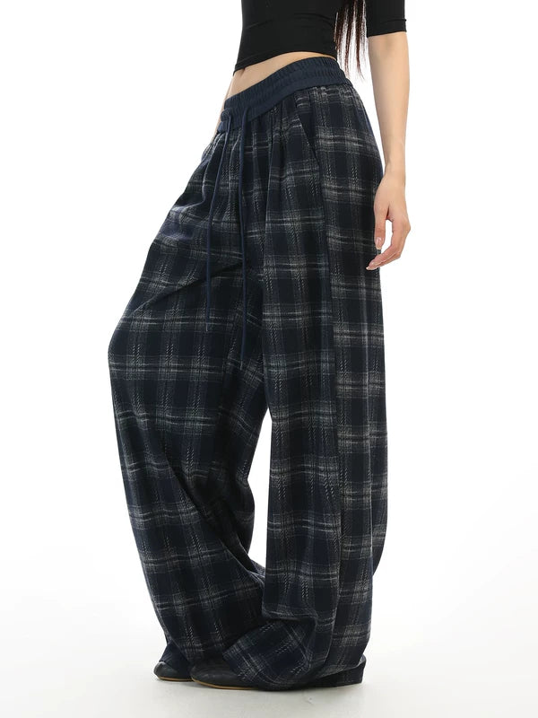 Plaid Wide Leg Elastic Waist Casual Pants 4