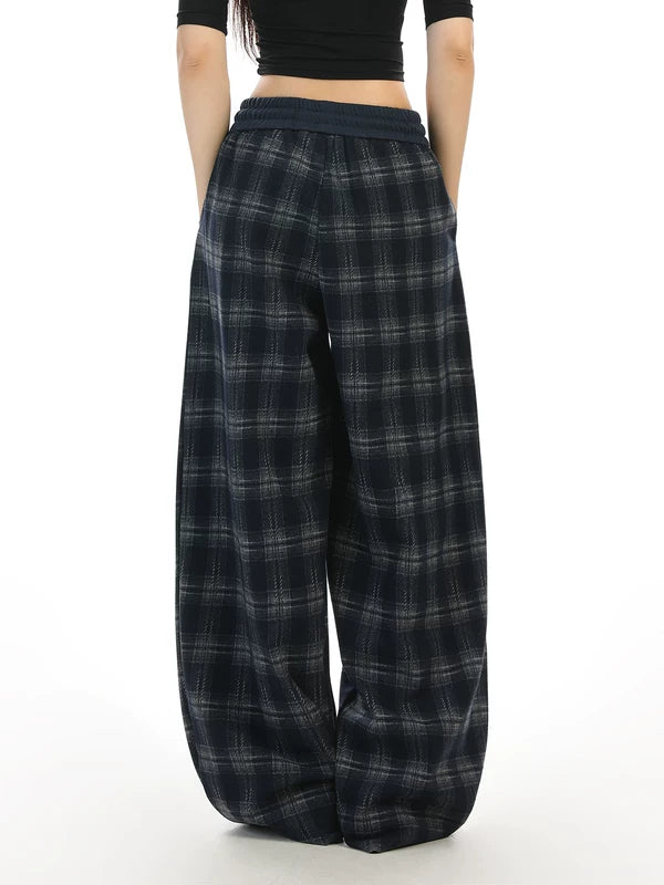 Plaid Wide Leg Elastic Waist Casual Pants 5