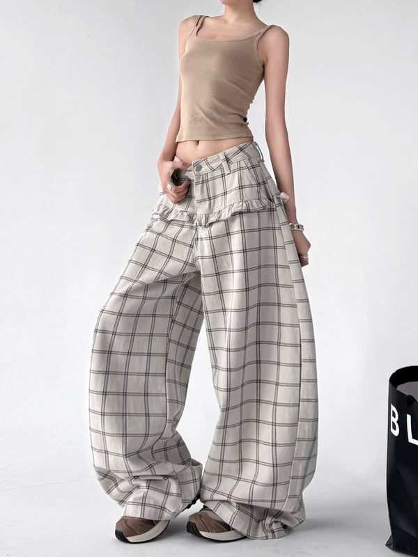 Plaid Wide Leg Patchwork Casual Pants 2