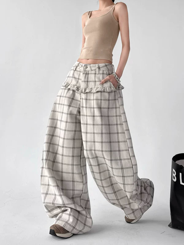 Plaid Wide Leg Patchwork Casual Pants 4