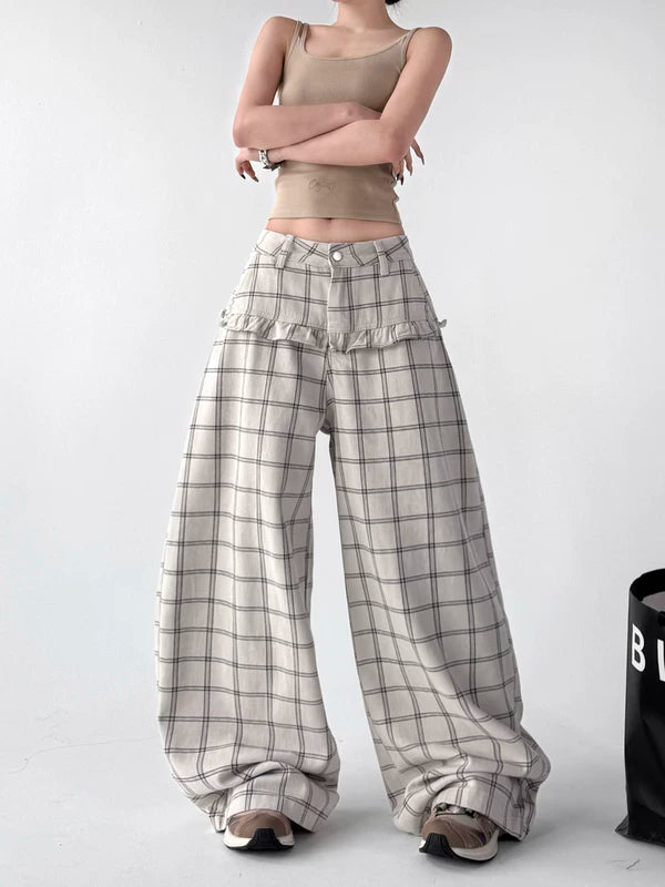 Plaid Wide Leg Patchwork Casual Pants 5