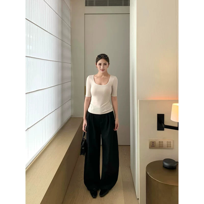 6192597827874,6192597827875,6192597827876,6192597827877, Pleated Curved Wide-Leg Floor-Length Pants