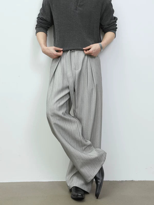 Pleated Pinstripe Wide-Leg Casual Pants 2