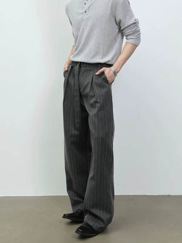 Pleated Pinstripe Wide-Leg Casual Pants 3