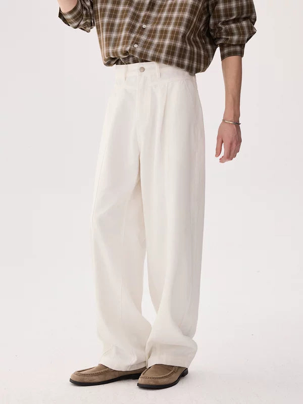 Pleated Wide-Leg Curved Denim Pants 3