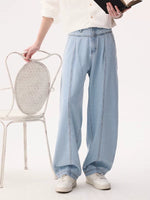 Pleated Wide-Leg Curved Denim Pants 5