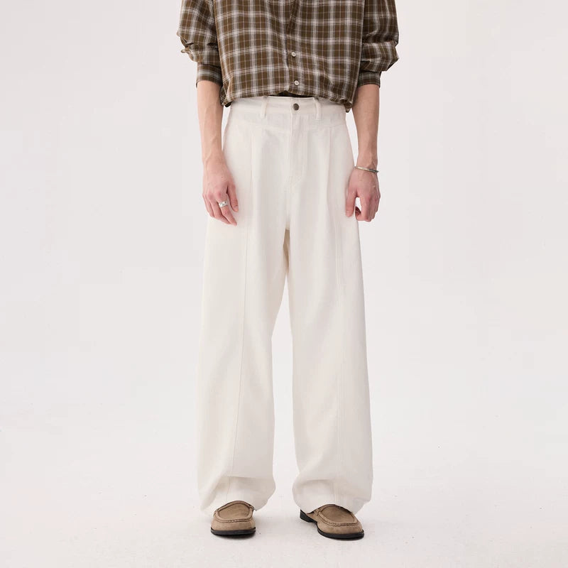 6190111102314,6190111102315,6190111102316,6190111102317, Pleated Wide-Leg Curved Denim Pants